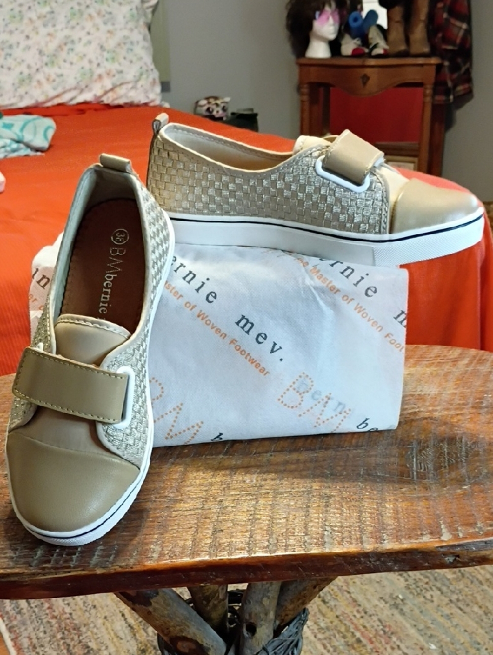 bernie mev. Women's Slip-On Light Gold Basket Weave Sneakers